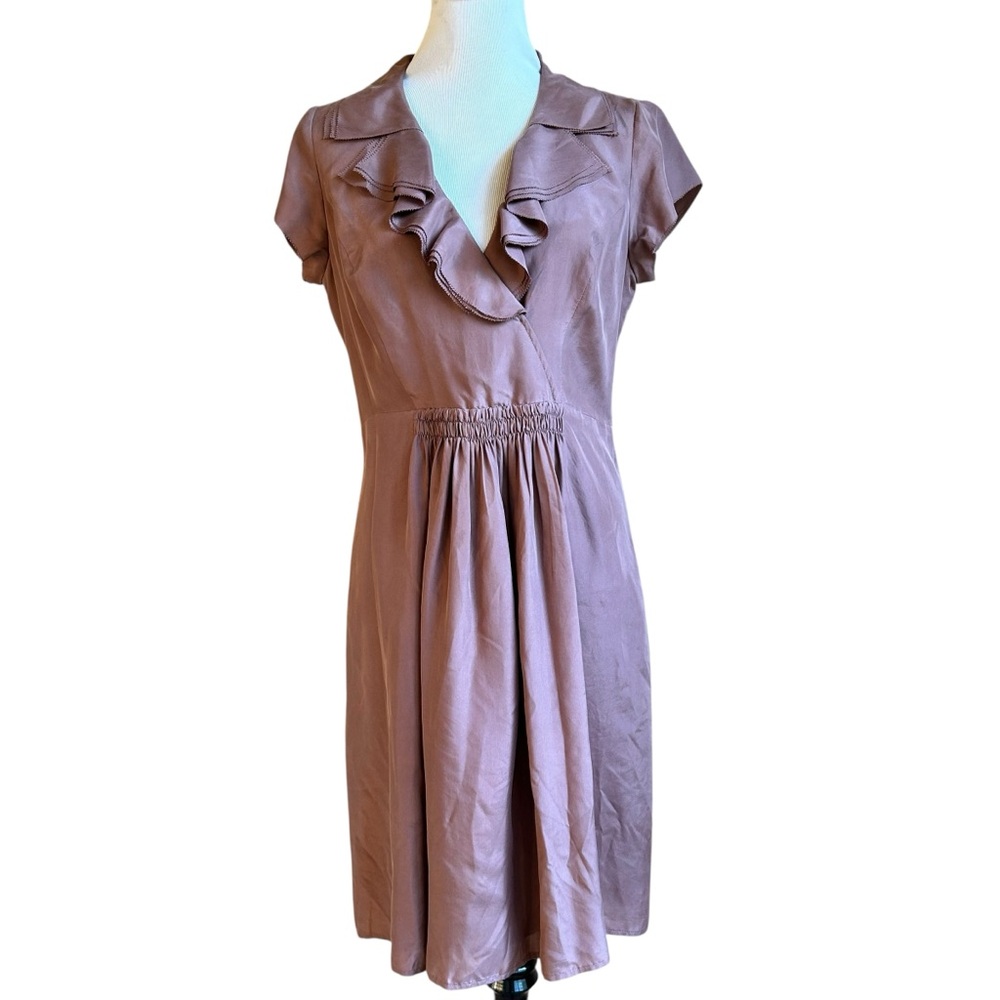 Ann Taylor LOFT 100% Silk Dress | Ruffle Neck | Brown/Taupe | Size 10